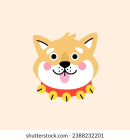 Cute cartoon Shiba Inu puppy with a red collar with bells. Hand drawn vector illustration. Funny Christmas dog character card template.