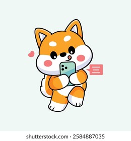 Cute Cartoon Shiba Using a Smartphone