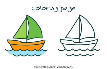 Cute Cartoon Ship Coloring Page for Kids – Colored and Outline Version