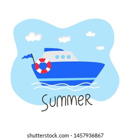 Cute cartoon ship on the sea background. Vector illustration. 
