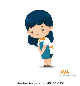 Cute cartoon shop assistance mascot in apron uniform in respecting action use for illustration