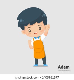 Cute cartoon shop assistance mascot wear apron in rejoice action use for illustration