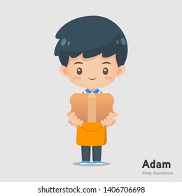 Cute cartoon shop assistance mascot wear apron in give a box action use for illustration