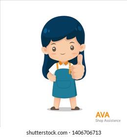 Cute cartoon shop assistance mascot in apron uniform in give a thumbs up action use for illustration