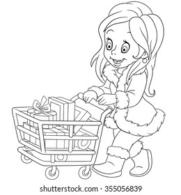 cute cartoon shopaholic girl with a shopping cart