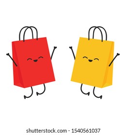 Cute Cartoon Shopping Bag. Shopping Bag Character Design. Isolated On White Background.