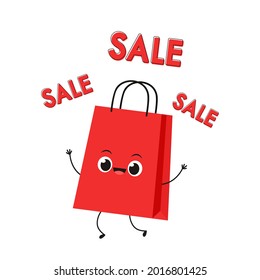 Cute cartoon shopping bag. Shopping bag character design. Isolated on white background.