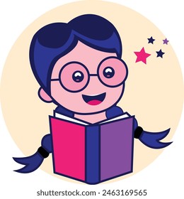 Cute cartoon short hair schoolgirl reading book with smiling