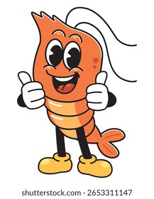 Personagem de camarão de desenho animado bonito dando dois polegares para cima com um grande sorriso alegre.