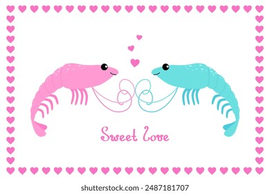 Linda pareja de camarones de dibujos animados. Camarones machos y hembras con corazones y letras: Dulce amor. Divertido par de personajes de animales marinos aislados sobre fondo blanco. Tarjeta de felicitación del Día de San Valentín.