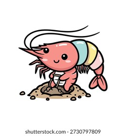 Camarón lindo de la historieta que cava en la arena con una Pequeña pala rosa azul amarillo
