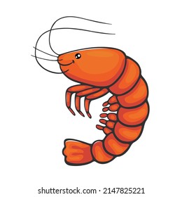 Cute cartoon shrimp. Isolated vector illustration funny sea animals character. Drawing of prawn seafood on white background.