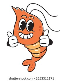 Mascote de camarão de desenhos animados bonito com polegares duplos para cima - Ilustração vetorial