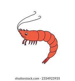 Cute cartoon shrimp on a white background. Child vector illustration in doodle style