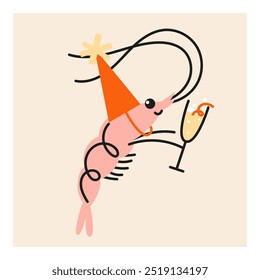 Cute cartoon shrimp in party hat with champaign glass. Hand drawn vector illustration. Funny animal isolated. Naive childish design. Cool comic character, restaurant poster, card, social media banner.