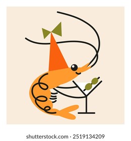 Cute cartoon shrimp in party hat with cocktail. Hand drawn vector illustration. Funny animal isolated. Naive childish design. Cool comic character, restaurant poster, card, social media banner.