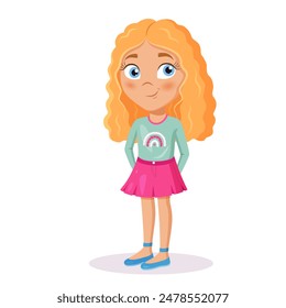 Cute cartoon shy blonde curly girl character.	