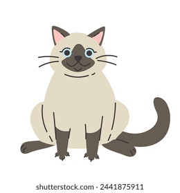 Lindo gato siamés de dibujos animados. Dibujado a mano ilustración vectorial. Plantilla de tarjeta de personaje de mascota divertida. Aislado en blanco.