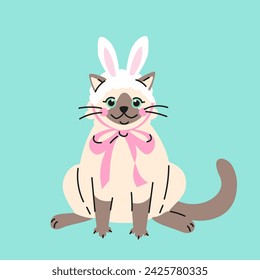 Cute cartoon siamese cat wears white bunny ears hat. Hand drawn vector illustration. Cool pet Easter character card template.