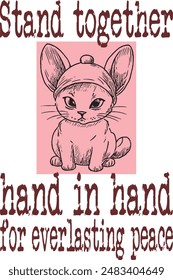 Cute cartoon Siamese cat wears white bunny ears hat( Stand together, hand in hand, for everlasting peace) art for print on demand (t shirt design).