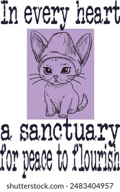 Cute cartoon Siamese cat wears white bunny ears hat(In every heart, a sanctuary for peace to flourish) art for print on demand (t shirt design).