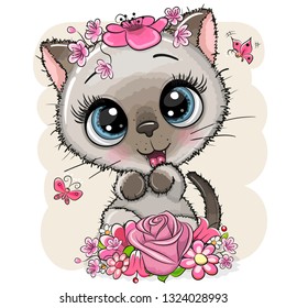 Cute Cartoon Siamese Kitten with flowers on a white background