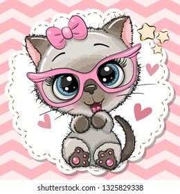 Cute cartoon siamese
 Kitten girl in pink eyeglasses with a bow