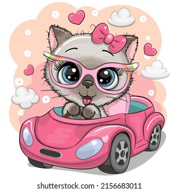 Cute Cartoon siamese Kitten Girl goes on a pink car