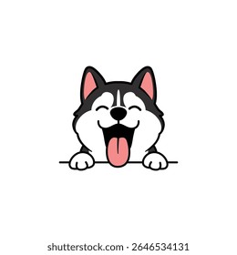Cute cartoon siberian husky with a happy face, eyes closed, mouth open and tongue out, vector illustration