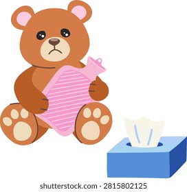 Cute Cartoon Sick Teddy Bear Character with Hot Water Bottle and Tissues. Unwell Bear Mascot with Stomach Ache and Cold for Pediatrics, Healthcare, and Get Well Soon Card. Vector Illustration.