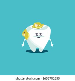 cute cartoon of sick tooth with bacteria isolated in blue background