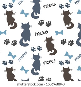 Cute Cartoon silhouette Cat and kitten Vector illustration, Seamless Pattern And Background with gray and blue paw, meow sign