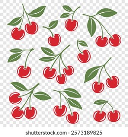 Cute Cartoon Silhouette Cutout Cherry Icon Set. Single, Pair of Cherries and Cluster of Cherries with Leaves Clipart. Cherry Art, Design Template, Vector Illustration