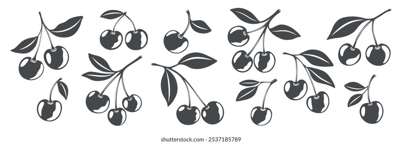 Nette Cartoon Silhouette monochrome Cutout Kirsche Icon Set. Single, Paar Kirschen und Cluster von Kirschen mit Blättern Clipart. Kirschkunst, Designvorlage, Vektorgrafik