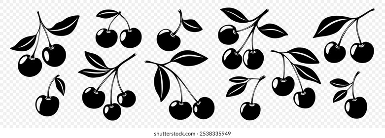 Cute Cartoon Silhouette Monochrome Cutout Cherry Icon Set. Single, Pair of Cherries and Cluster of Cherries with Leaves Clipart. Cherry Art, Design Template, Vector Illustration