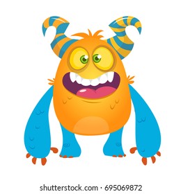 Cute cartoon silly horned monster. Vector troll or gremlin character 