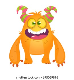 Cute cartoon silly orange horned monster. Vector troll 
character 