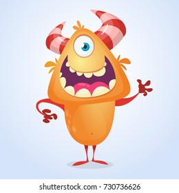 Cute cartoon silly orange horned monster with one eye. Vector bigfoot character 