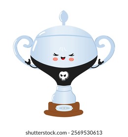 Cute cartoon Silver trophy cup character with a skull shirt and playful pose. Vector hand drawn cartoon kawaii character illustration icon. Isolated on white background. Silver trophy cup heavy metal