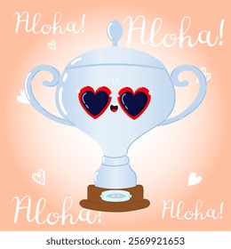 Cute cartoon Silver trophy cup wearing heart-shaped sunglasses on a light background. Vector hand drawn cartoon kawaii character illustration. Silver trophy cup character concept. Aloha card