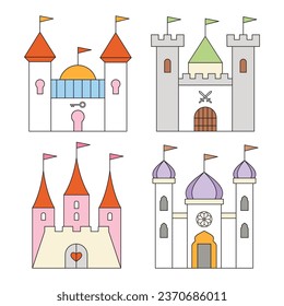 Cute cartoon simple castle icon set isolated on white background. Different styles and colours. Vector illustration