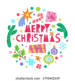 Cute cartoon simple Christmas card. Round card with spruce branch, gift, stars, confetti and text. Modern design for cards, banners, printed materials. Doodle style.