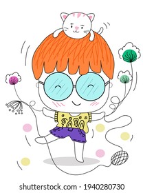 Cute cartoon, simple designed doodle style consisting of kids and cats with bright colors. It can be applied in a variety of applications such as cards, backgrounds, illustrations, and more