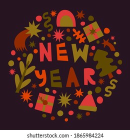 Cute cartoon simple New Year card.  Winter holiday card with spruce branch, gift, stars, rainbow, confetti and text. Modern design for cards, banners, printed materials. Doodle style.
