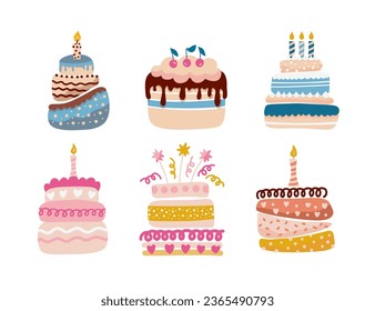 Cute Cartoon simple vector birthday cake cupcake vector set. Happy holiday cream cake with candles