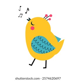 Cute cartoon singing bird. Funny whistle bird illustration, vector clip art.