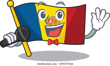 Cute cartoon Singing flag andorra Scroll with a microphone