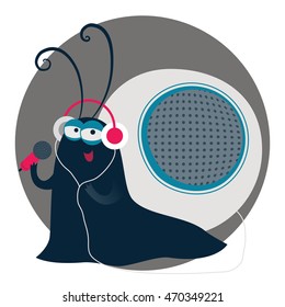 Cute cartoon singing snail with headphones and speaker on her back
