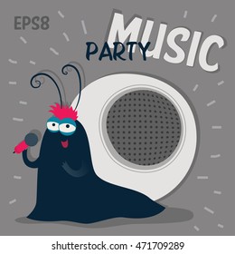 Cute cartoon singing snail with microphone and speaker on her back