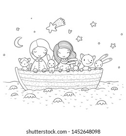 Cute cartoon sisters swim in a boat with hares, a cat and a fox. Little girls and funny animals